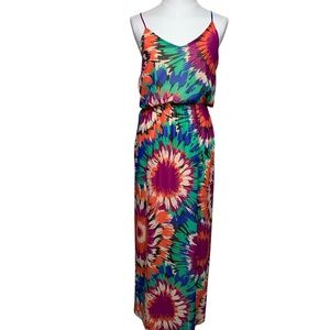 Newbury Kustom Maxi Dress Size Small USA Made Multicolor Tie Dye Floral Spaghett